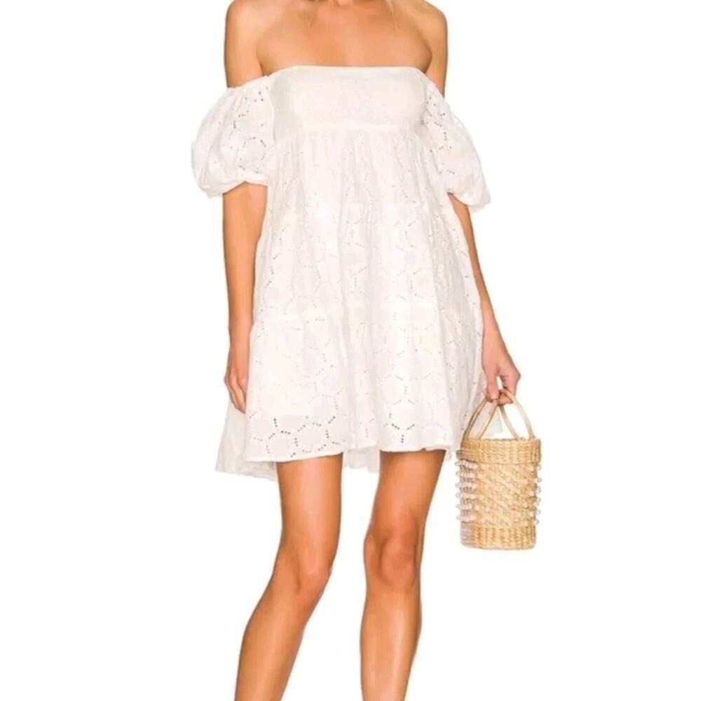 Bardot Womens 6 Babydoll Dress Sofia Eyelet Mini White Revolve Lace Off Shoulder